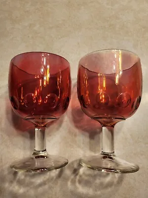 Vintage Set Of 2 Red Bartlett Collins Cranberry Glass Thumbprint Goblets 12 Oz • $16