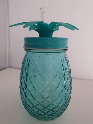 Pineapple Mason Cocktail Glass With Metal Lid And Straw Teal 24 Oz.  Pre-owned • $9.99