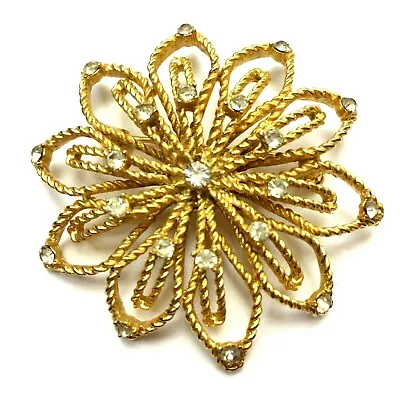 Vintage Gold Tone Filigree Brooch Figural Floral Rhinestone Mid Century Pin • $23.95