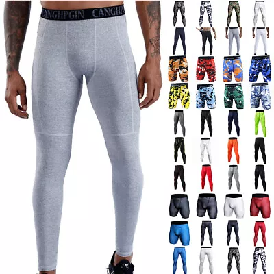 Mens Compression Base Layer Sport Gym Leggings Tight Running Trousers Shorts • £2.79