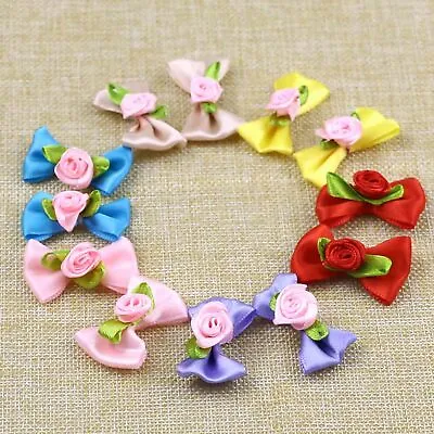 Bulk 15/300P Small Satin Ribbon Flowers Bows W/Mini Rose Flowers Appliques • $10.18