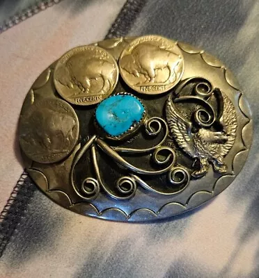 Vintage Buffalo Head Belt Buckle With Turquoise & Buffalo Nickels • $5