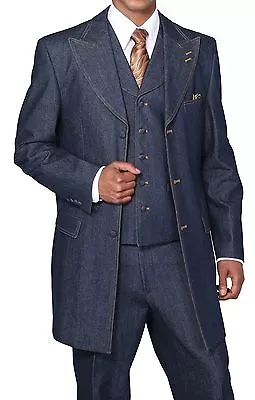 Men's100% Cotton Denim Jean Suit Vested Double Contrast Sticting BlackNavy 5285 • $99.89