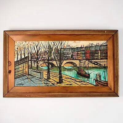 Vtg Painting Of Paris W/ Bridge Landscape Trees Oil Mid Century MCM Blue France • $65