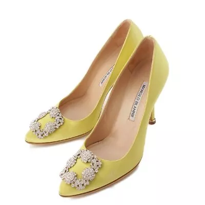 MANOLO BLAHNIK HANGISI Yellow Satin Jewel Buckle Pumps Size 36.5 No Original Box • $356.80