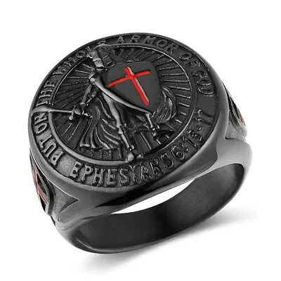 Knights Templar Put On The Whole Armor Of God Ring Stainless Steel Blk Size 7-13 • $12.98