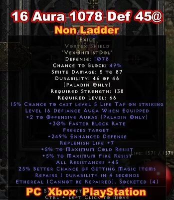 Exile Non Ladder Ethereal Vortex Shield 45Res 16Aura Diablo 2 Resurrected D2R SC • $24.99