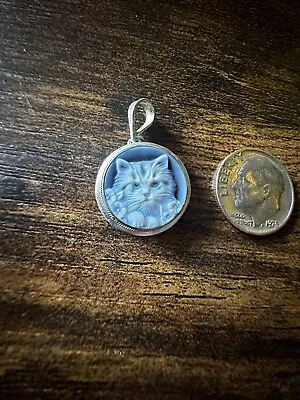 925 Vintage Sterling Italy Blue Agate Cameo Pendant Kitty Cat • $130