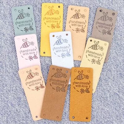 10 Bee Faux Leather Made With Love Sewing Knitting Crochet Handmade Labels • £4.19