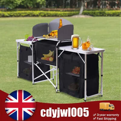 Camping Cupboard Foldable Outdoor Kitchen Storage Unit Cook Station & Windshield • £72.34