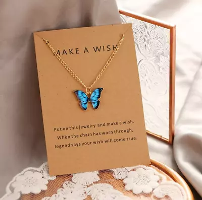 Blue Butterfly Make A Wish Necklace 16 Inches USA SELLER • $8