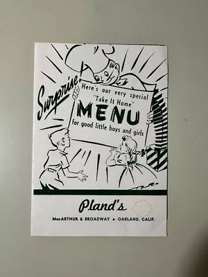 Original 1950s Pland's Kid's Vintage Menu Oakland California Mid-Century CUTE • $29