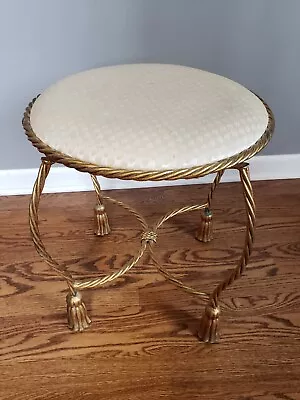 Vintage Hollywood Regency Vanity Stool Chair Gold Gilt Rope MCM Boudoir Tassel  • $260