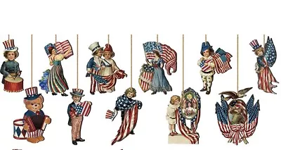 Fourth Of July USA Wooden “Vintage” Hanging Ornaments Set Of 12 • $16.99