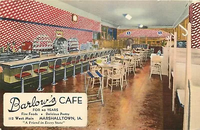 Postcard 1941 Iowa Marshalltown Barlow's Cafe Interior Occupational IA24-3952 • $14.99