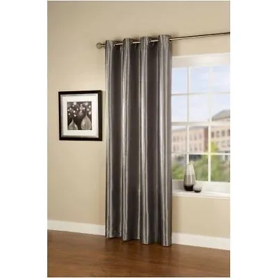 PAIR Of SILVER GREY Eyelet Taffeta Faux Silk Unlined Curtains  55  WIDE X  90  • £19.99