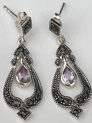 925 Sterling Silver Marcasite  Amethyst Drop Dangle Earrings Length 3.4cm • £17