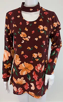 Isaac Mizrahi Engineered Floral Print Mock Neck Top Red Multi Size Small • $16