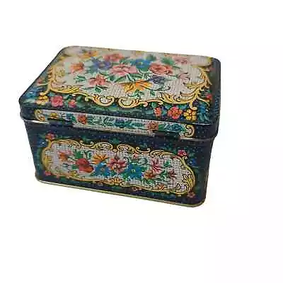 Daher Ware Made In England Tin Box Floral Hinged Lid Needlepoint Printed Vintage • $14.99