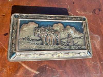 £6 • Buy Antique Geo Bassett & Co Ltd Metal Sweet Tin With Drawer Ploughing Horses Design