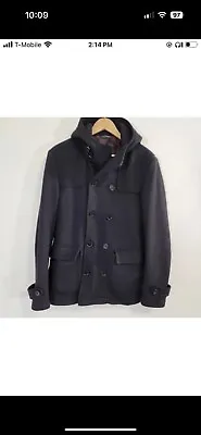 Zara Man Coat Mens Large Black Double Breasted Lined Hood Dress Smart Casual  • $39.99