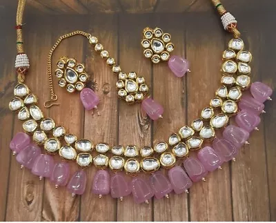 Indian Bollywood Baby Pink Tumbler Kundan Necklace Earrings Set Fashion Jewelry • $44.79