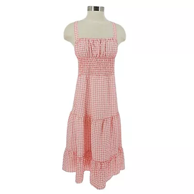 BCBGeneration Tiered Midi Dress Barbie Pink Gingham Sleeveless NWT Womens Small • $38.95