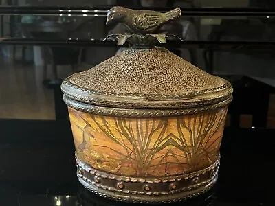 Decorative Wooden Oval Box With Wood Wicker Lid With Wrought Iron Bird On Top • $22