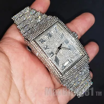 Men Full Iced Band Luxury Bling Silver Finish Simulated Diamond Bracelet Watch • $39.95