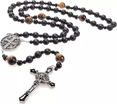 St Benedict Black Rosary Beads Catholic – Rugged Onyx Rosary – Handcrafted Stone • $23.87