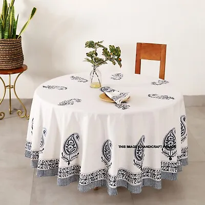 £40.79 • Buy Cotton Indian Paisley Floral Block Print Tablecloth Round 72 In Blue White Throw