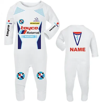 Motorcycle Baby Grow Babygrow Toyco Motorrad Racing Romper Suit Blue Customise • £29.99