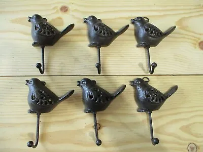 6 Bird Key Hooks Coat Towel Hat Hanger Cast Iron Antique Style Rustic Brown Hall • $16.99