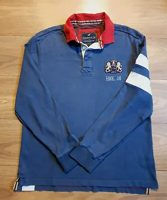 Hackett Polo Shirt Mens Large L Navy Blue Red Long Sleeve Logo Rugby Jersey • £24