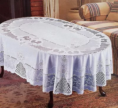 54 X72  Oval White Vinyl Tablecloth Floral Laced Table Cloth Cover Waterproof • $17.99