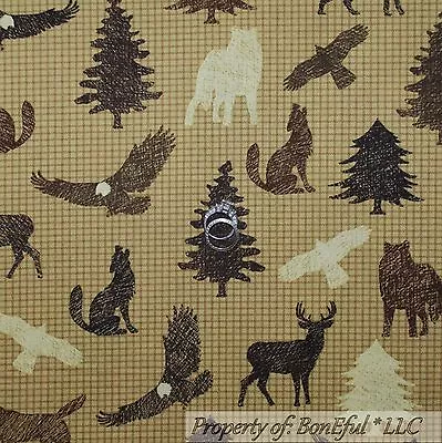 BonEful Fabric FQ Cotton Quilt Brown Check Log Cabin Tree Eagle Deer Bear Coyote • $5.70