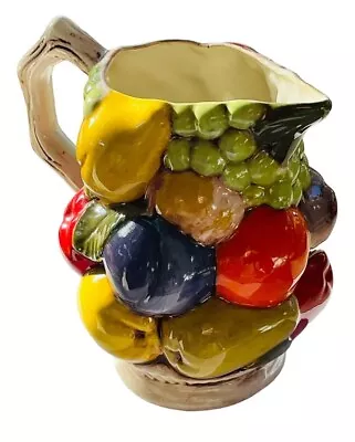 MAJOLICA PITCHER MIXED FRUIT CERAMIC FAUX BOIS WOOD LOOK HANDLE 1970s GLOSSY • $24.99