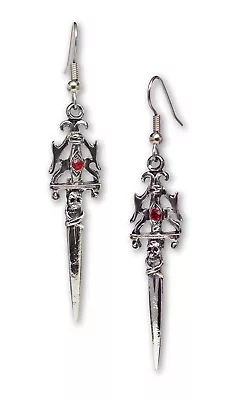  Gothic Skull Dagger Pewter Earrings With Red Austrian Crystals #971 • $9.79