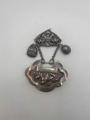 Qing Dynasty Antique Old Chinese Silver Repousse Double Sided Lock Pendant  • $185