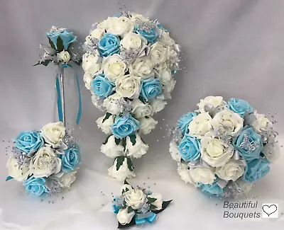 £9 • Buy Wedding Flowers Ivory Rose Aqua Blue Bouquet Bride, Bridesmaid, Flower-Girl Wand