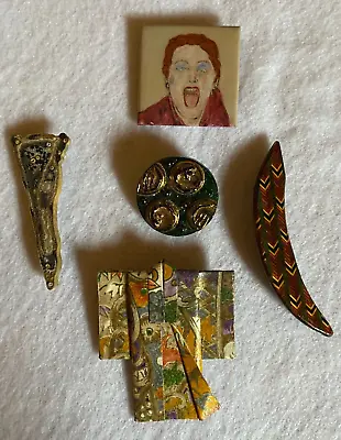 Lot  Of 5 Art To Wear Pins ~~ Handcrafted Handmade  ~~ Kimono Scream Circles • $18