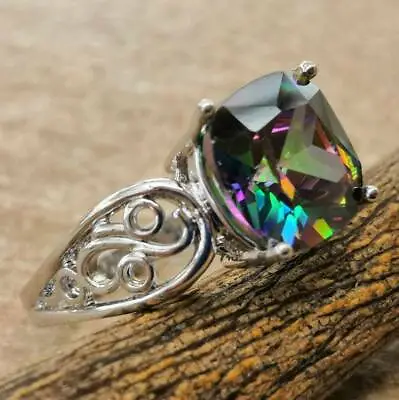 925 Sterling Silver Rainbow Mystical Fire Topaz Wedding Engagement Ring Size 10 • $19.74