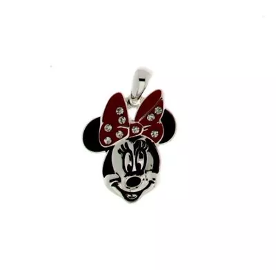 Disney Minnie Mouse Silver Tone Enamel Crystal Head Pendant With Chain • $28.99