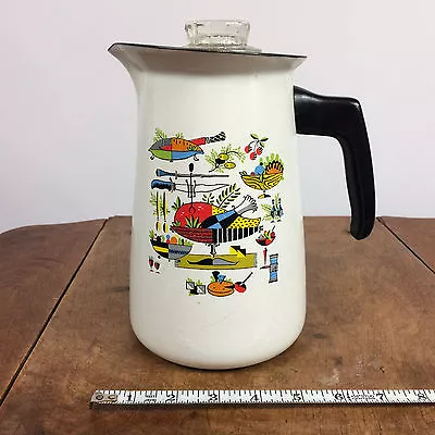 Vintage Mid Century Enamelware Metal Coffee Kitchen Porcelain Tea Pitcher W Lid • $58.64