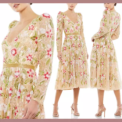 NWT $598 Mac Duggal [ 26 ] Long Sleeve Floral Beaded Midi Tea Dress Nude #S1054 • $389.99