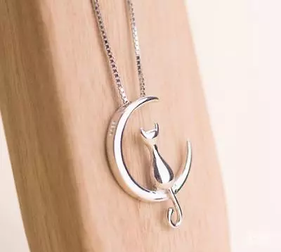 Elegant! Silver SP Adorable Cat & Moon Pendant Kitten Necklace • $8.99