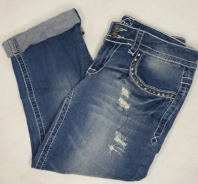 Vanity Premium Tyler Capri Jeans Low Rise Distressed Studded Med Wash 28 Women • $14.99