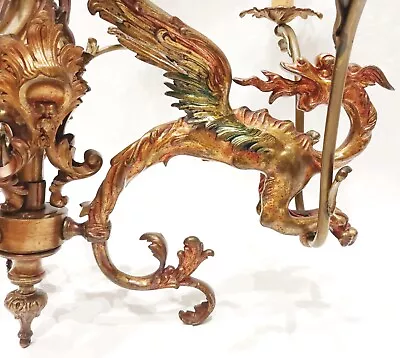 Antique 19th Superb Bronze Chandelier Polychrome Figural Dragon Gargoyle Unique • $4599