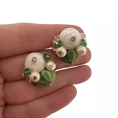 Vintage ~ Signed ~ Vendome ~ Clip On Earrings ~ Green Milk Glass ~ Rhinestone • $39