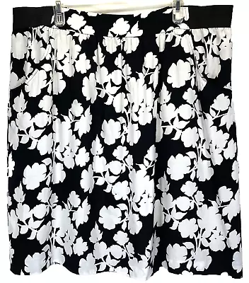 Sejour Midi Skirt Women Size 18W Pleated Black/White Floral Elastic Waist Lined • $24.95